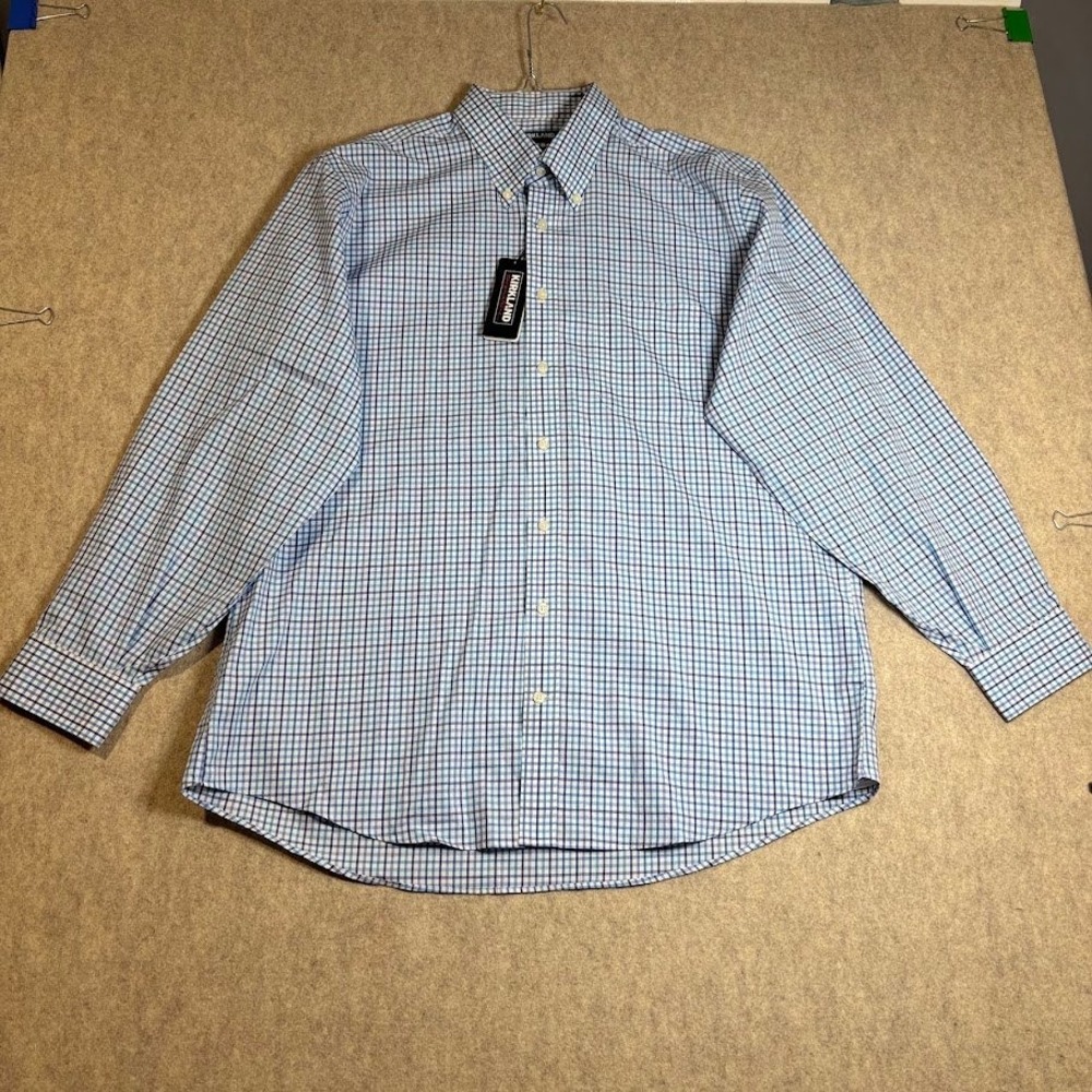 Kirkland Dress Shirt Mns 17.5 34/35 Blue White Cotton Check Non-Iron Classic New